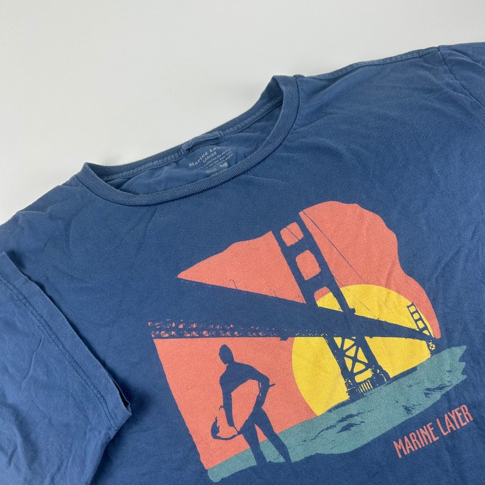 Marine Layer Mens L Casual Blue Golden Gate Bridge Surfer Graphic T-Shirt